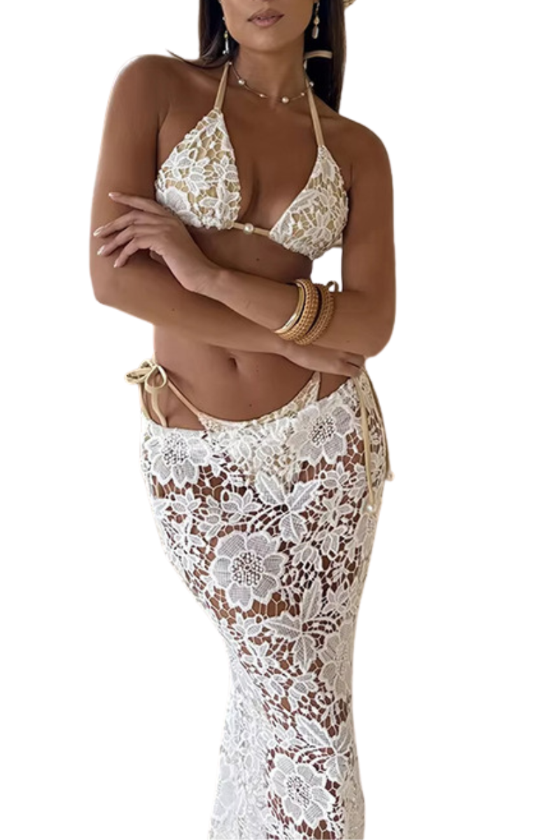 Women's Sexy High Waist Deep V Halter Slit Bikini - 3pcs