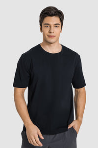 Men Casual Short Sleeve Quick-Dry Breathable Elastic Fitness Running Round-Neck Solid Color T-Shirt