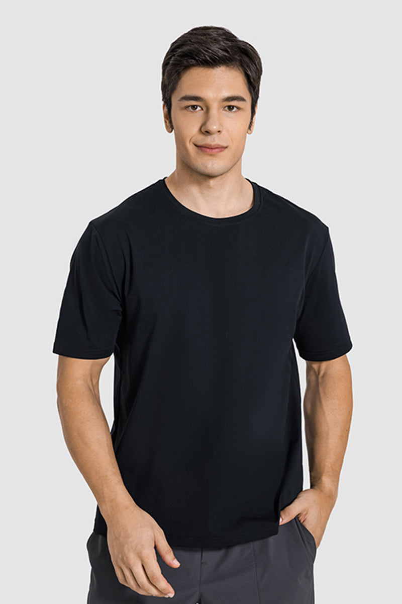 Men Casual Short Sleeve Quick-Dry Breathable Elastic Fitness Running Round-Neck Solid Color T-Shirt