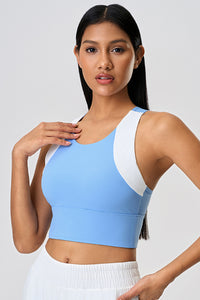 Women Color Block Short Built-In Bra Sculpting Cross Back Yoga Sports Bra