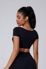 Women Square Neck Crop Removable-Pad Pleated Sculpting Workout Short Sleeve