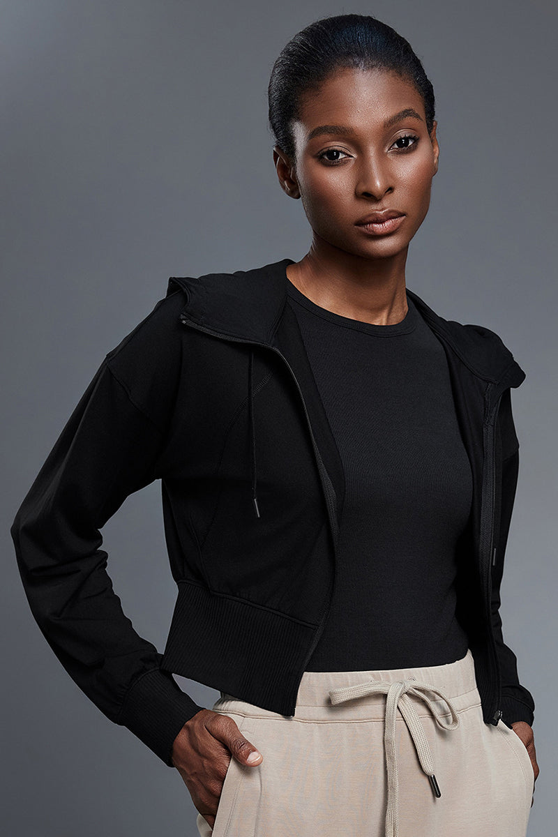 Women Hooded Short Waist-Tie Open-Front Yoga Sportswear Jacket