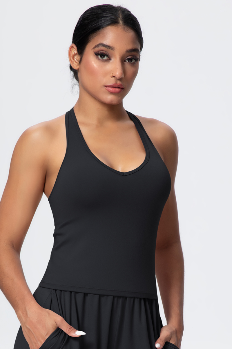 Women’s Brushed-Fabric V-Neck Halter Spaghetti-Strap Open-Back Sports Tank