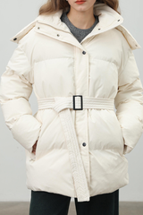 Women's hooded mid-length cotton jacket with waist tie.