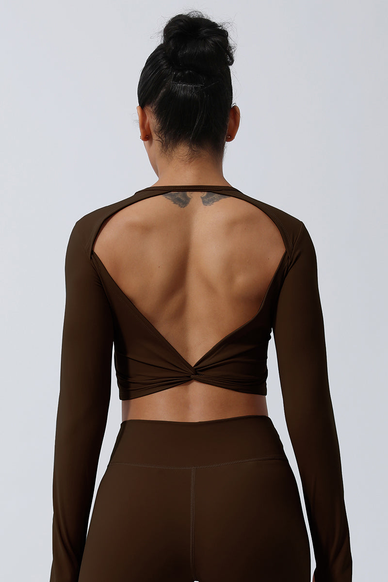 Women Back Twist Sport Crop Long Sleeve Shirt