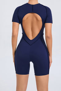 Women One-Piece Tight Short-Sleeved Hollow Back Stereo Beauty Fitness Yoga Sports Jumpsuit