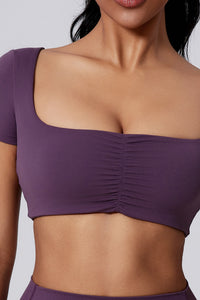 Women Square Neck Crop Removable-Pad Pleated Sculpting Workout Short Sleeve