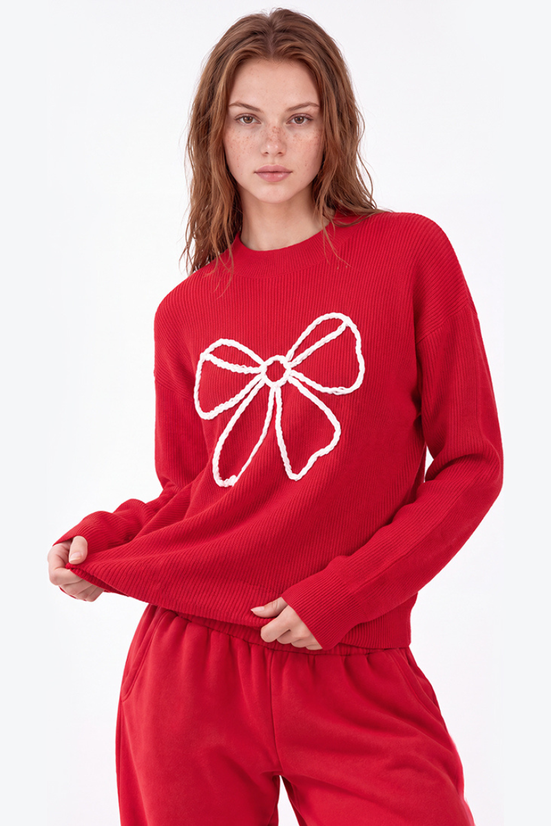 Women's Winter Christmas Color Block Bow Loose Knit Sweater