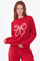 Women's Winter Christmas Color Block Bow Loose Knit Sweater
