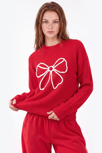 Women's Winter Christmas Color Block Bow Loose Knit Sweater