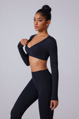 Women'S Brushed Skinny Deep V Backless Open Waist Short Sports Long Sleeves