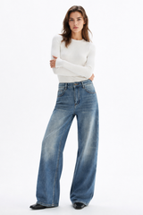 Women's 100% CottonVintage Wash Mid Waist Straight Leg Jeans