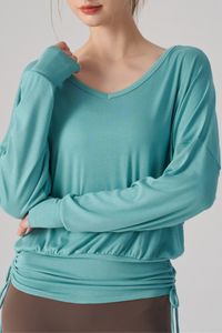 Women's Drawstring Waist and Thumbhole Cuffs Batwing Top