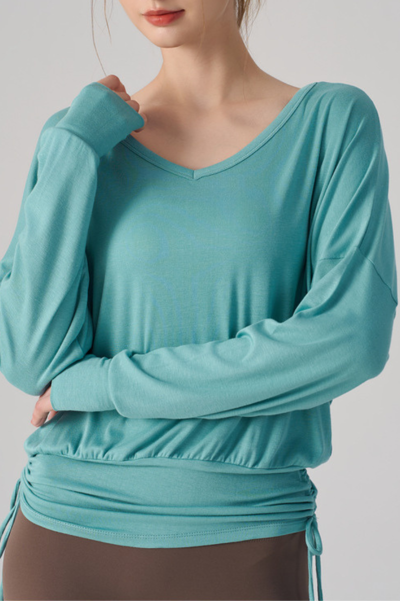 Women's Drawstring Waist and Thumbhole Cuffs Batwing Top