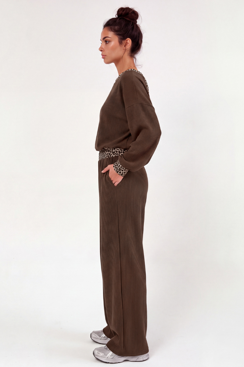 Ribbed Leopard Trim Open Back Long Sleeve Wide Leg Pants Set