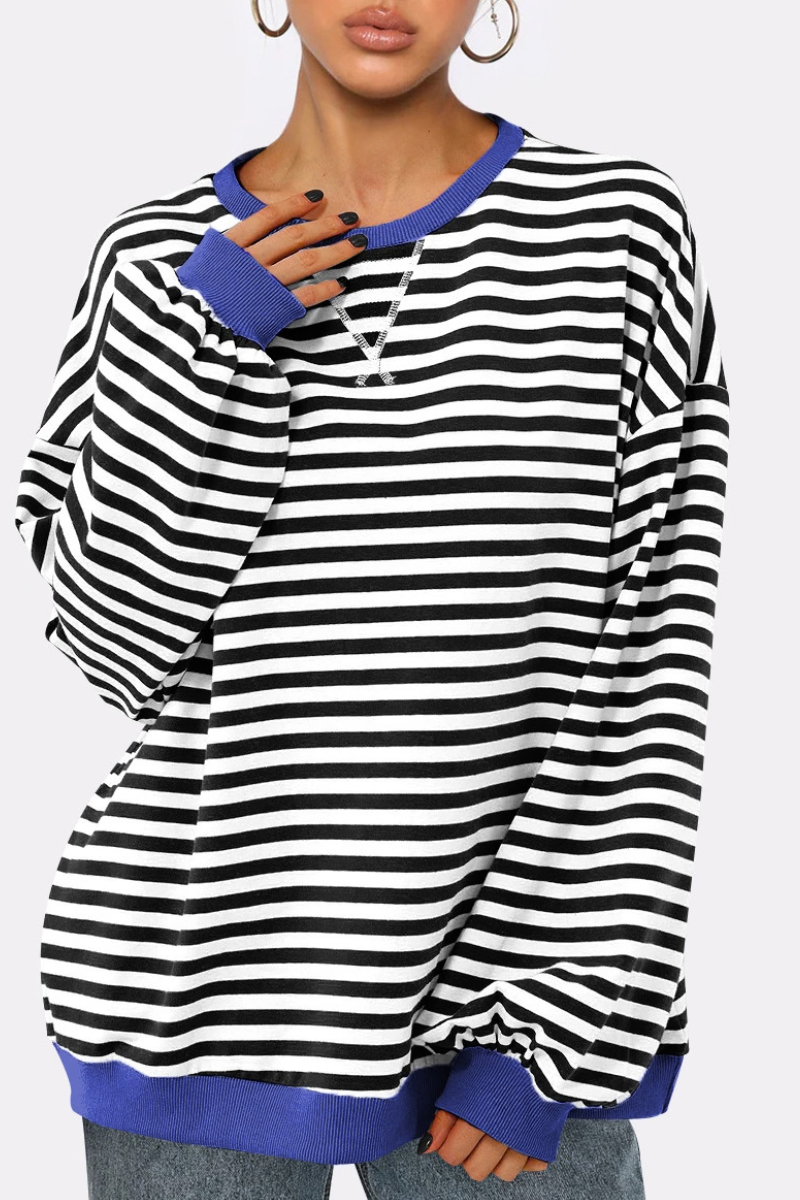 Women Fall Contrast Striped Lantern Sleeve Loose Sweatshirt