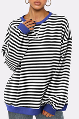 Women Fall Contrast Striped Lantern Sleeve Loose Sweatshirt