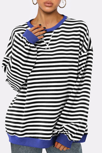 Women Fall Contrast Striped Lantern Sleeve Loose Sweatshirt
