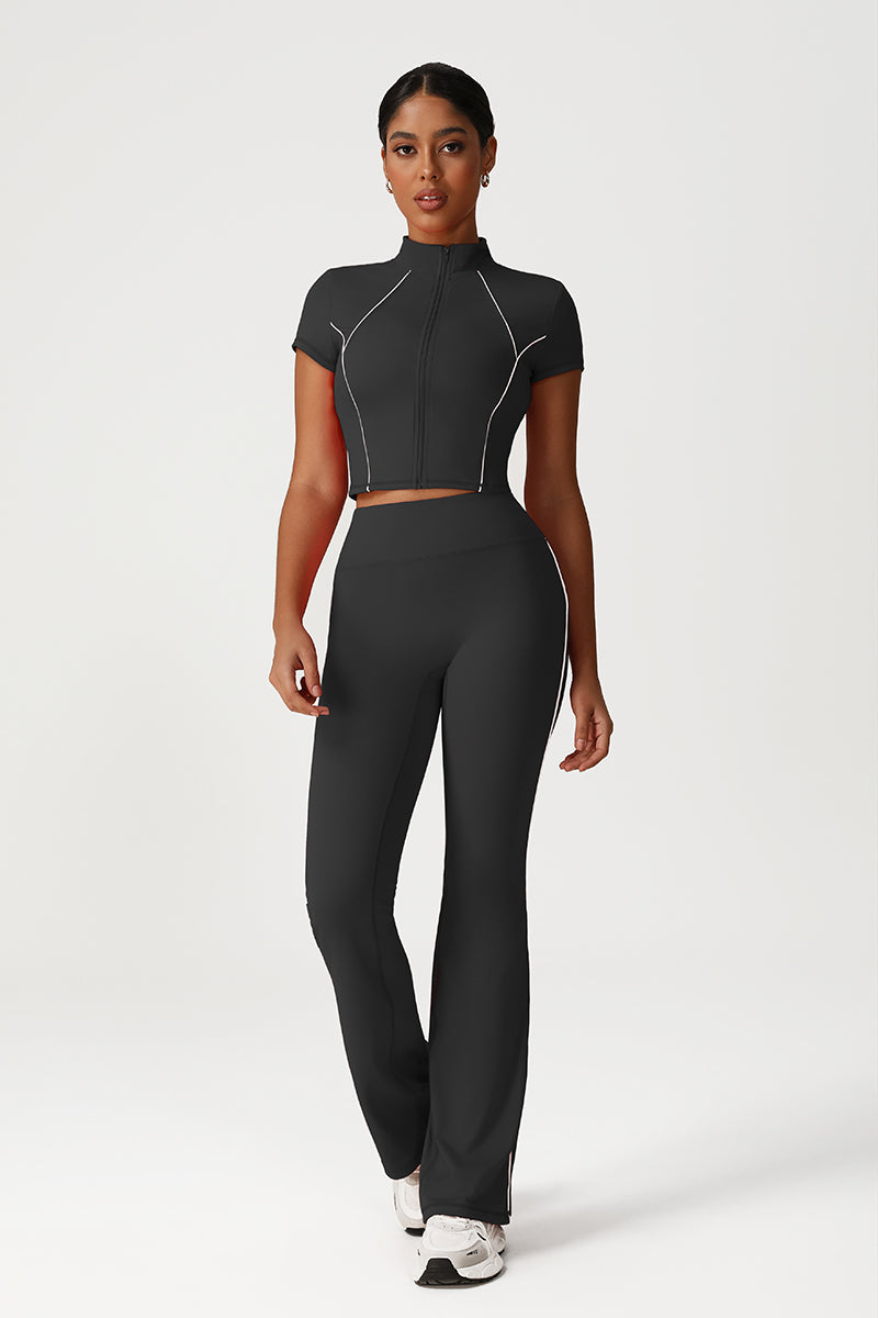 Women Seamless High Waisted Flared Yoga Set: Stand Collar Jacket + Flared Leggings