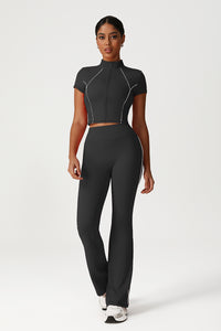 Women Seamless High Waisted Flared Yoga Set: Stand Collar Jacket + Flared Leggings