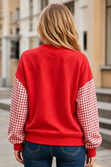 Women's Fall Gingham Spliced Oversize Mock Neck Sweatshirt