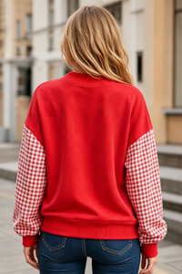 Women's Fall Gingham Spliced Oversize Mock Neck Sweatshirt