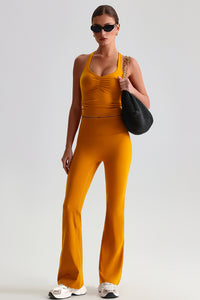 Women Cross Back Yoga Set: High Waisted No Pleat Seam Micro Wide Leggings + Pleated Crossover Camisole Bra