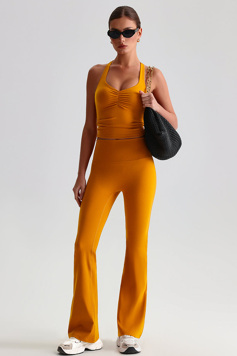 Women Cross Back Yoga Set: High Waisted No Pleat Seam Micro Wide Leggings + Pleated Crossover Camisole Bra
