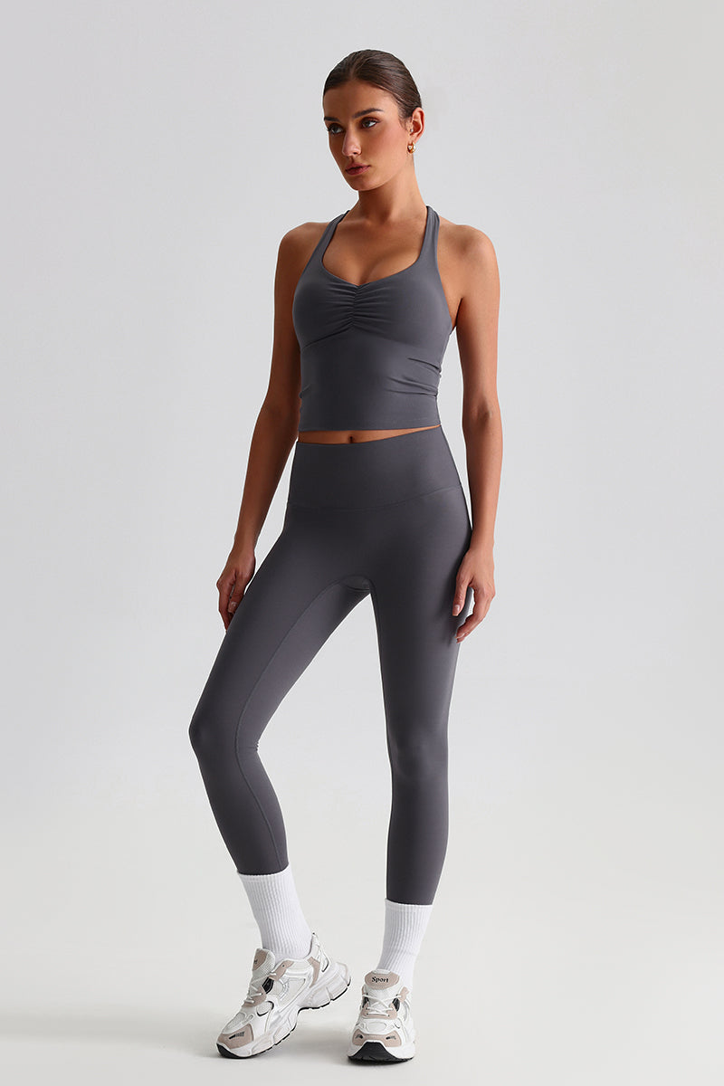 Women Brushed High Waisted Yoga Set: Tummy Control Tights + Halter Neck Support Bra