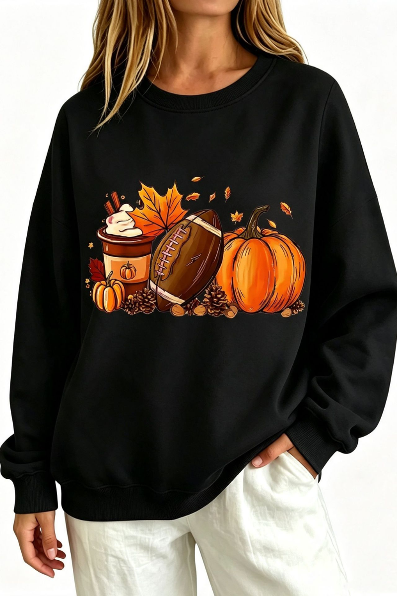 Women's Fall Halloween Pumpkin Football Coffee Print Thin Sweatshirt