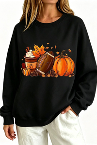 Women's Fall Halloween Pumpkin Football Coffee Print Thin Sweatshirt