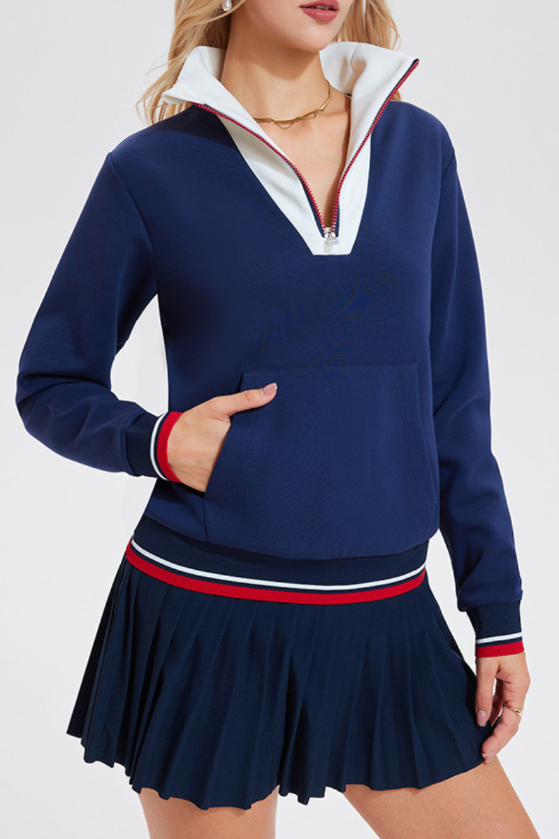 Women's Retro Campus Set:Half-Zip Sweatshirt & Pleated Skort