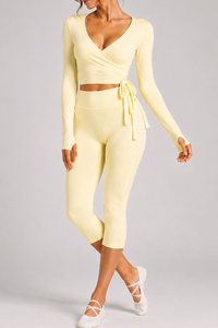 Women's Side Wrap Tie Long Sleeve Top And Capri Yoga Set