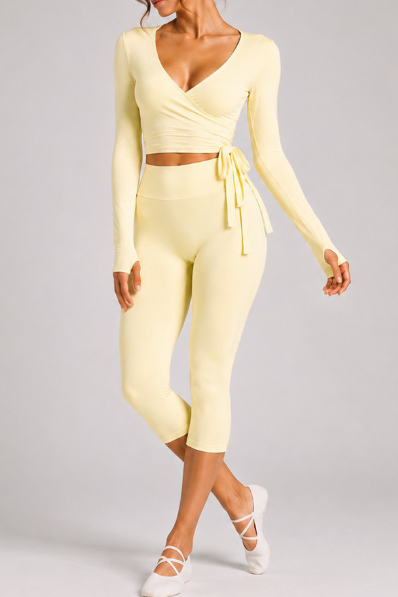 Women's Side Wrap Tie Long Sleeve Top And Capri Yoga Set