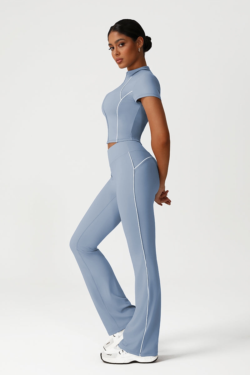Women Seamless High Waisted Flared Yoga Set: Stand Collar Jacket + Flared Leggings