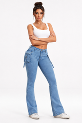 Women's High Waist Stretch Flare Cargo Jeans