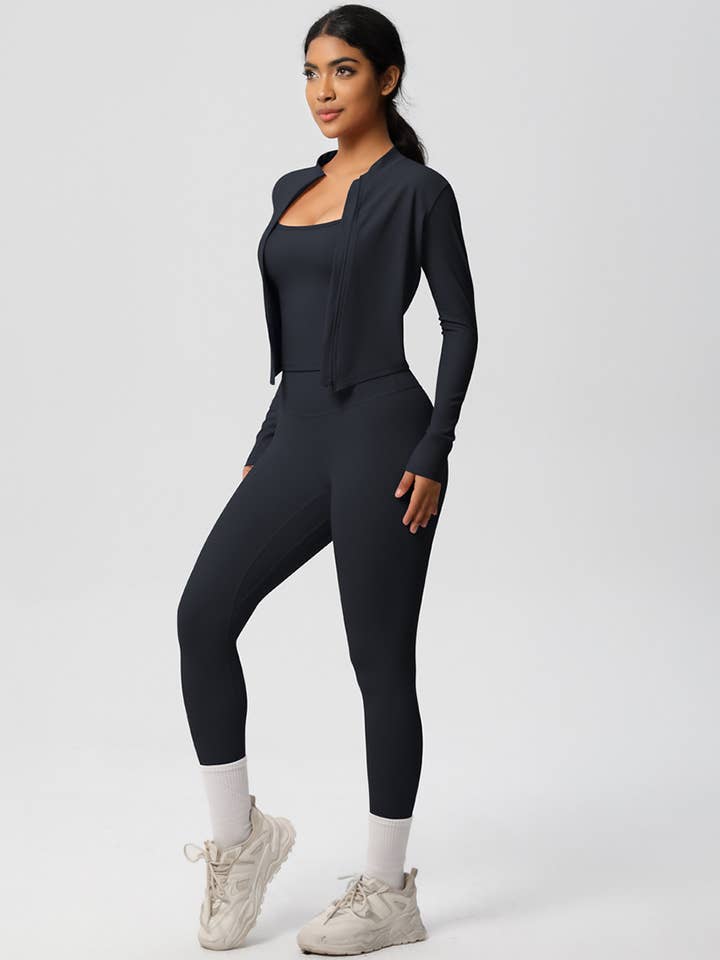 Women Activewear Set:Slim Fit Sports Bra+Zip Jacket+Leggings