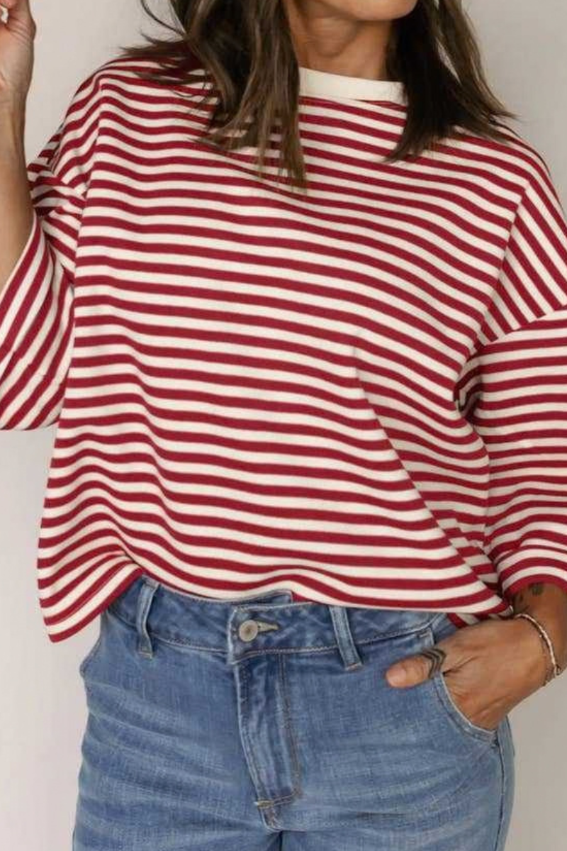Women's Striped Round Neck Back Tie Blouse Loose T-shirt