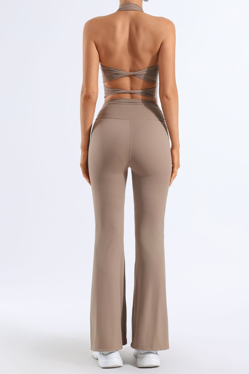 Women's Pleated Halter Neck Bra & Flared Pants Yoga Set