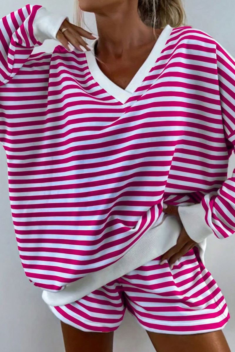 Women's Fall Striped V-Neck Sweatshirts And Shorts Set