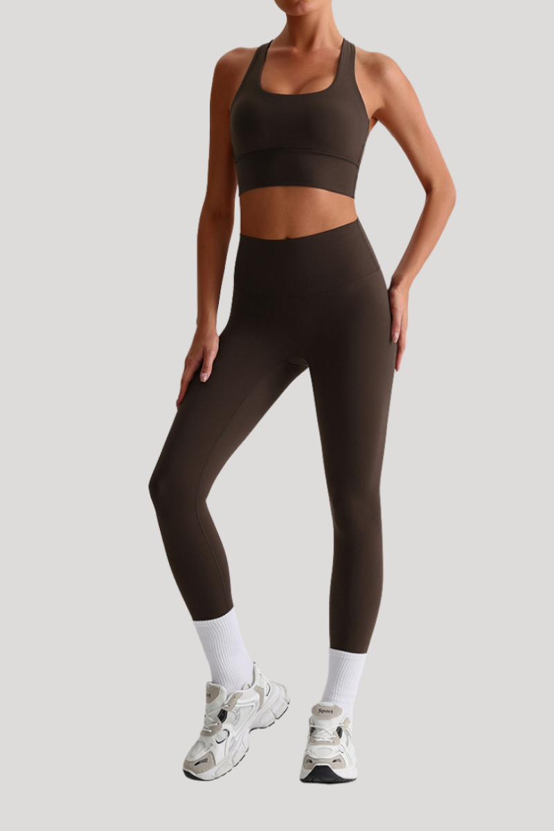 Women Naked Feel Cross Back Yoga Set: High Waisted Seamless Tummy Control Leggings + Crisscross Sports Bra