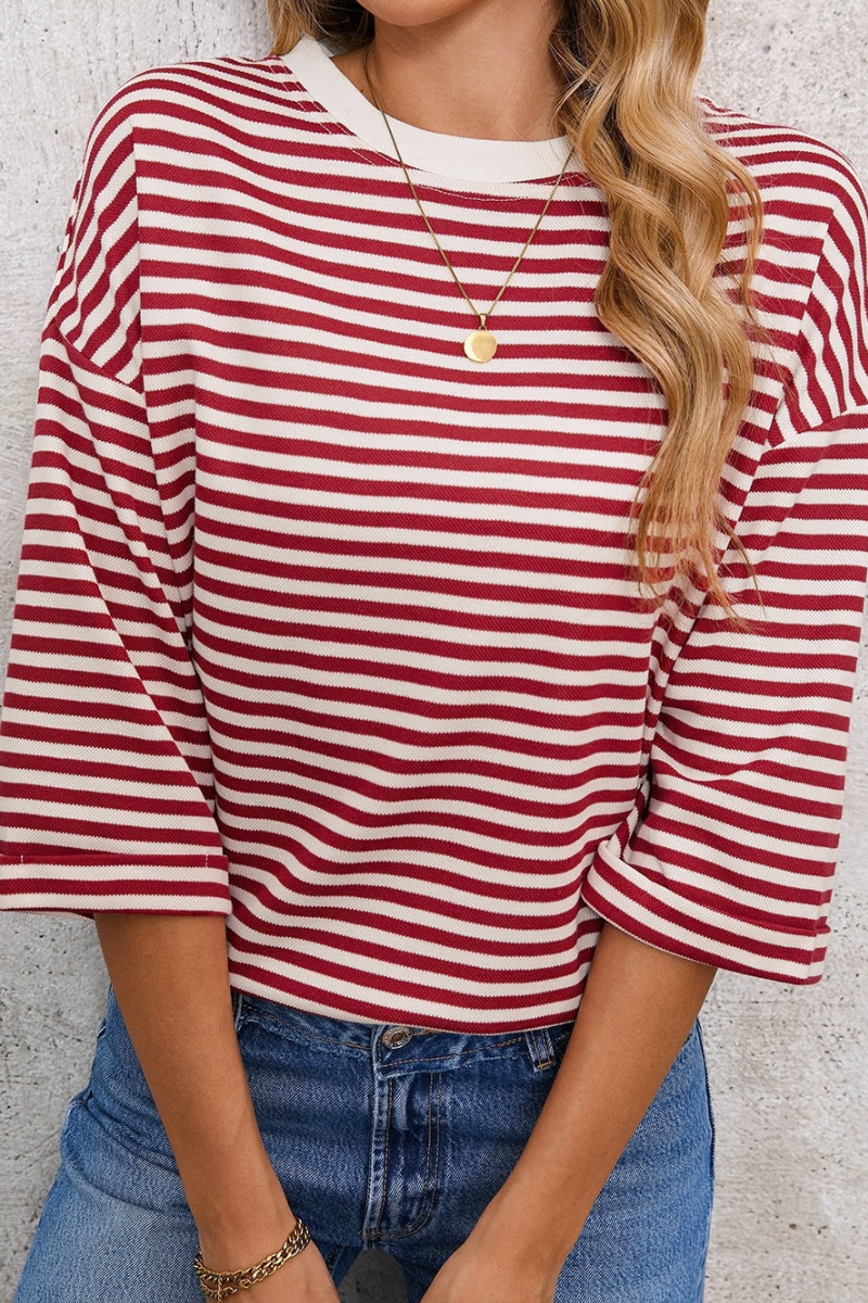 Women's Striped Round Neck Back Tie Blouse Loose T-shirt