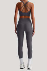 Women Naked Feel Cross Back Yoga Set: High Waisted Seamless Tummy Control Leggings + Crisscross Sports Bra