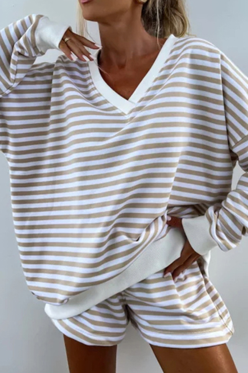 Women's Fall Striped V-Neck Sweatshirts And Shorts Set