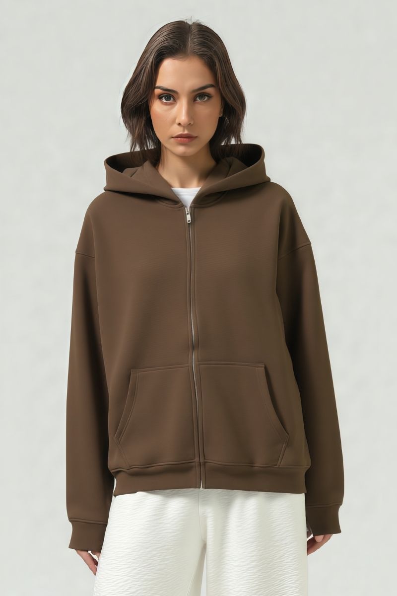 Loose-fitting hooded zip-up knitted cardigan jacket
