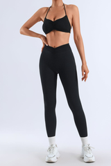 Women's Bare Feel Pleated Halter Backless Bra & Leggings Set