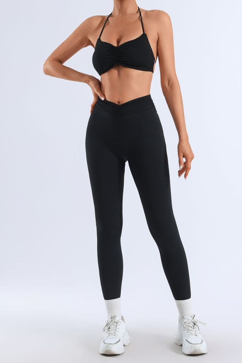 Women's Bare Feel Pleated Halter Backless Bra & Leggings Set
