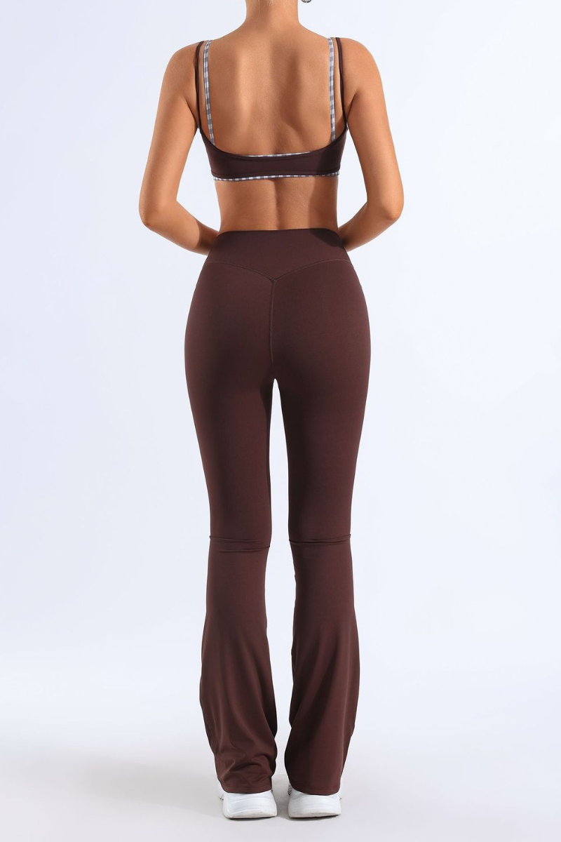 Women's Bare Feel Plaid Spliced Bra And Flare Pants Yoga Set