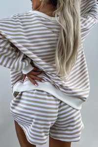 Women's Fall Striped V-Neck Sweatshirts And Shorts Set