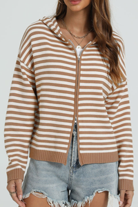 Women's Winter Striped Two-Way Zipper Hooded Knit Cardigan